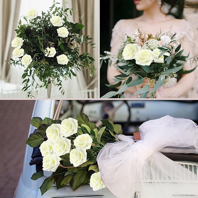100PCS Artificial Flowers Milk White Roses Real Looking Foam Fake Roses with Leaves and for DIY Wedding Bouquets Bridal Shower Centerpieces Party Decorations (Ivory, 100)