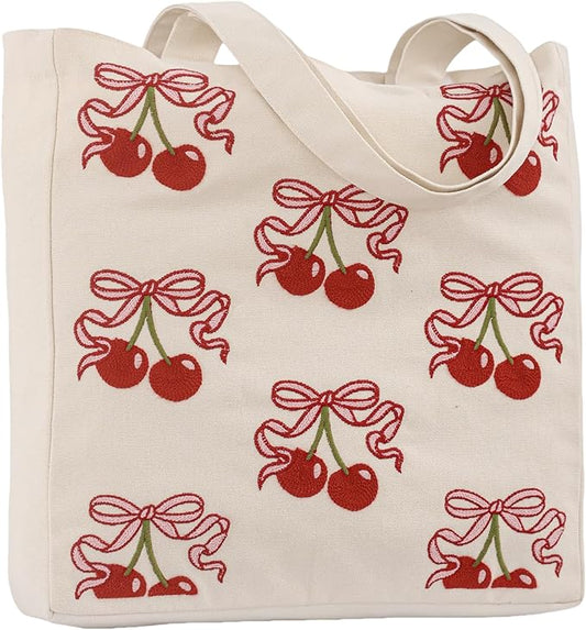 Aesthetic Embroidery Tote Bag for Lady Cute Reusable Canvas Shoulder Bag for Girls Women Shopping Grocery
