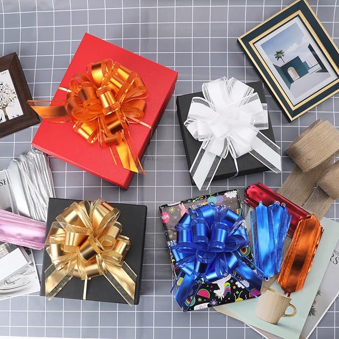 12 Pieces Pull Bow Wrapping Pull Bow Ribbon Pull Bows for Wedding Baskets,6 Inches Diameter Gift Bows, Large Bows for Presents. (White)