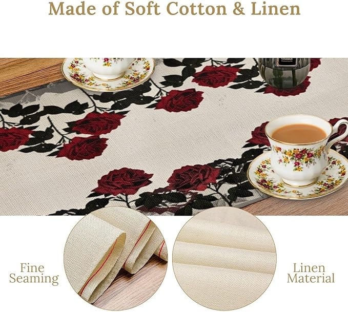 Red Rose Print Table Runner, Romantic Vintage Rose Summer Dark Flower Dinner Runner Table Decoration for Home Kitchen Dining Holiday Wedding Party 13x70in