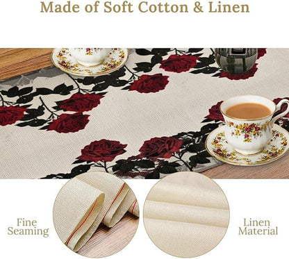 Red Rose Print Table Runner, Romantic Vintage Rose Summer Dark Flower Dinner Runner Table Decoration for Home Kitchen Dining Holiday Wedding Party 13x108in