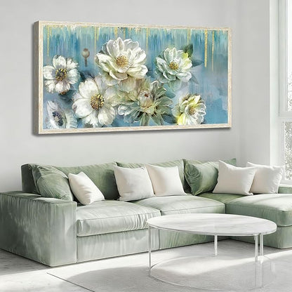 Ardemy Teal Canvas Wall Art Large Framed Magnolia White Floral Pictures Wall Decor Textured Painting Flowers Turquoise Artwork for Living Room Bedroom Dining Room Home Office, 58"x29"
