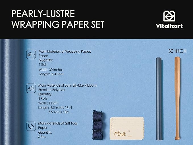 Vitalizart Blue Wrapping Paper Set 30" Pearly-Lustre With Silk Like Satin Ribbon & Gift Tags Recyclable Christmas Gift Wrapping Birthday Baby Shower Wedding Handmade Crafts 197"(16.4 Ft)