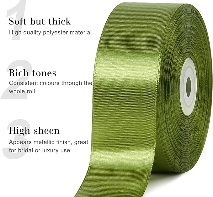 1-1/2 Inches 50 Yards Olive Green Satin Ribbon, Solid Fabric Ribbon Roll for Flower Bouquets, Gift Wrapping, Wedding, Handmade Crafts