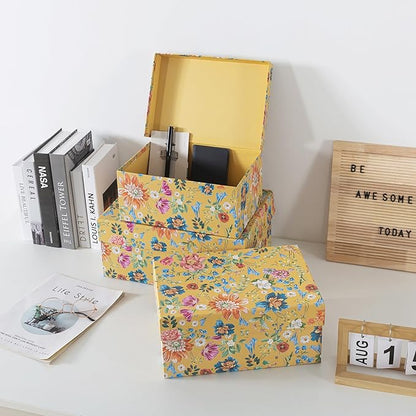 Soul & Lane Decorative Storage Boxes with Hinged Lids, Golden Bloom - Set of 3: Floral Memory Keepsake Boxes with Lids, Cardboard Photo Storage for Organizing, Home Décor, Gifts