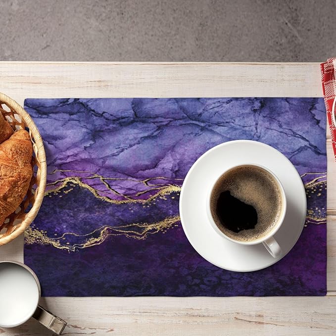 Purple Marble Placemats, Abstract Elegant Art Marble Floral Art Accents Print Washable Fabric Placemats Table Kitchen Dining Party 12x18 Inch Set of 6