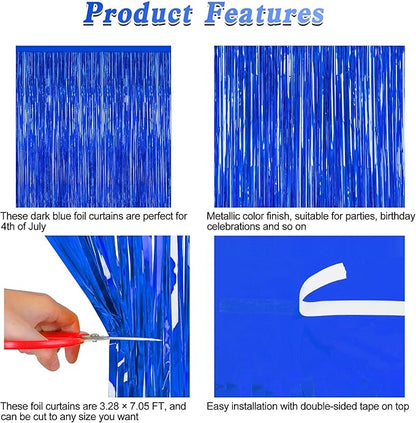 2 PCS Tinsel Backdrop, 3.28 FT x 7.05 FT Dark Blue Backdrop Curtains, Metallic Passover Fringe Curtains Party Streamer, Navy Blue Party Decorations Photo Props