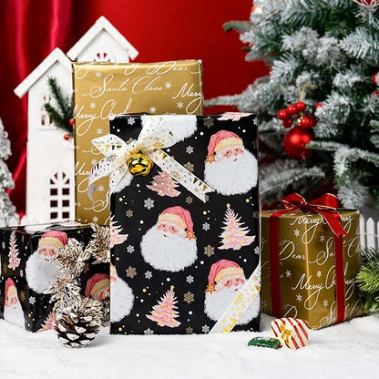 MAYPLUSS Christmas Wrapping Paper Roll - 17IN X 33FT - Black Gift Wrap Paper Featuring Santa Claus Snowflake Christmas Tree Reversible Gold for Kids, Holiday, New Year