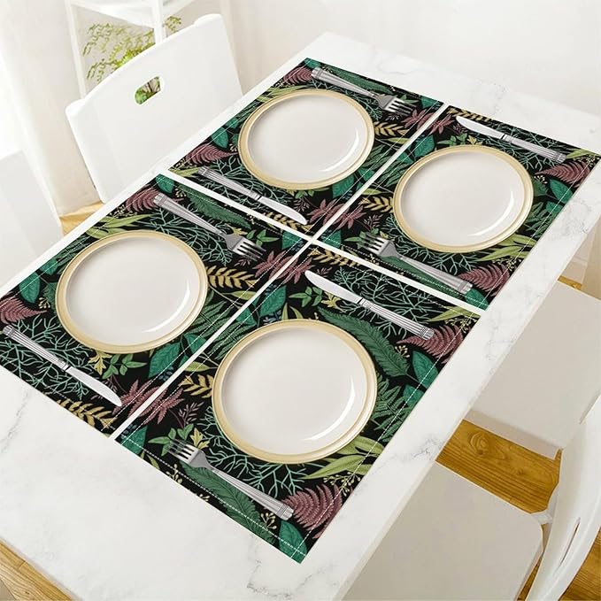 Leaf Placemats Set of 8, 17x12 Inch Vintage Natural Botanical Herbal Green Leaves Table Mats for Home Party Kitchen Dining Decor