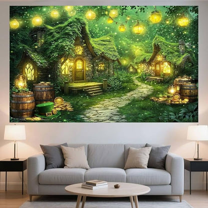 10X8ft St. Patrick's Day Backdrop Magic Enchanted Forest Green House Lucky Irish Shamrock Gold Coins Wonderland Photography Background for Kids Girls Party Decoration Cake Table Photo Booth Props