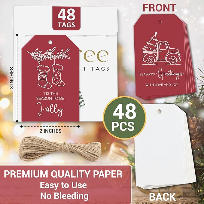 AUDREE 48 Pcs Christmas Gift Tags with String - Funny Holiday Gift Tags for Xmas Presents - Christmas Name Tags for Gifts - Hanging Labels Decoration Xmas Winter Holiday Present DIY Crafts