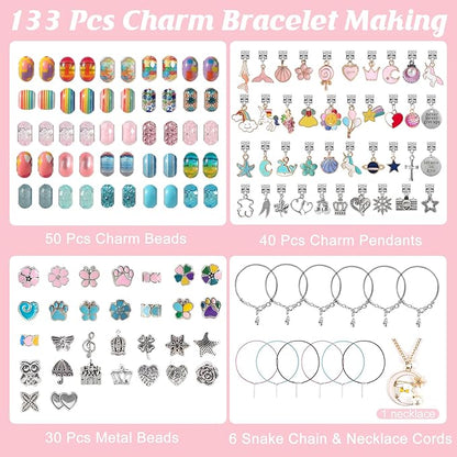YJK Charm Bracelet Making Kit, 5-12 Year Old Girl Birthday Gifts, 133 Pcs DIY Beaded Jewelry Making Kit with Jewelry Box, Creative Crafts for Girls, Charm Necklace Making kit for Girls (Blue & Pink)