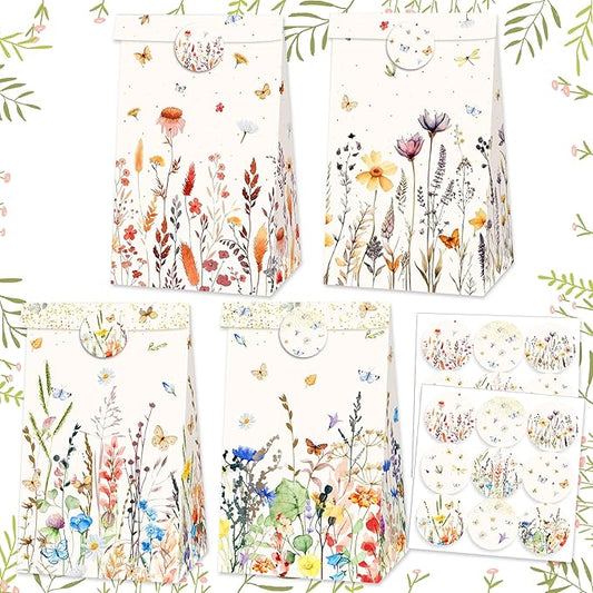 12 PCS Wildflower Party Favor Gift Bags Boho Floral Small Candy Goodie Bags Boxes with Stickers Wildflower Bridal Shower Birthday Wedding Party Supplies