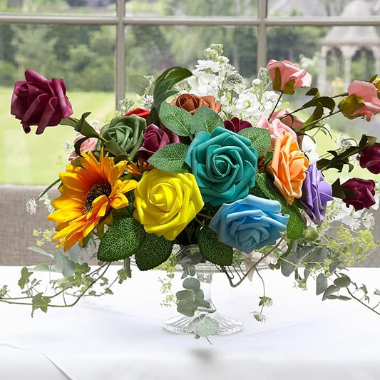 [25 PCS] Blue Roses Artificial Flowers with Long Stem Real Touch Fake Foam Roses for Decoration DIY Wedding Bouquets Centerpieces Bridal Shower