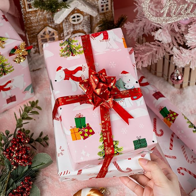 MAYPLUSS Christmas Wrapping Paper Roll - 17IN X 33FT - Pink Gift Wrap Paper Featuring Christmas Tree Polar Bear Scarf Hat Reversible Candy Cane for Kids, Holiday, New Year