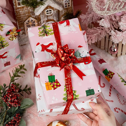 MAYPLUSS Christmas Wrapping Paper Roll - 17IN X 33FT - Pink Gift Wrap Paper Featuring Christmas Tree Polar Bear Scarf Hat Reversible Candy Cane for Kids, Holiday, New Year