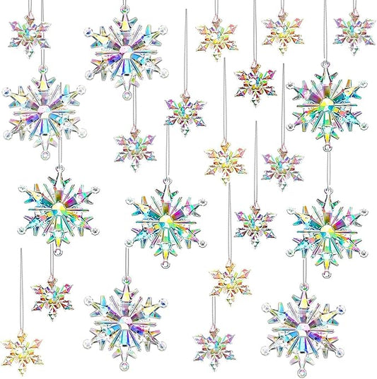 60Pcs Christmas Acrylic Snowflake Ornaments Winter 3D Translucent Snowflake Hanging Ornaments for Tree Crystal Iridescent Pendants with Rope for Holiday Party DIY Decor (Laser)