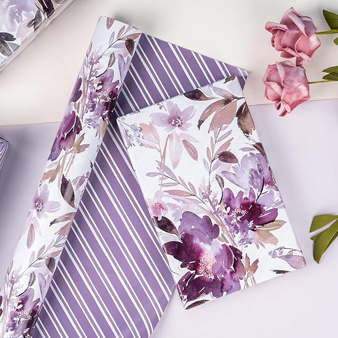 WRAPAHOLIC 30 Inch Jumbo Reversible Floral Wrapping Paper - 30 Inch x 100 Feet Purple Floral Design for Wedding, Birthday, Mothers Day, Baby Shower, Anniversary