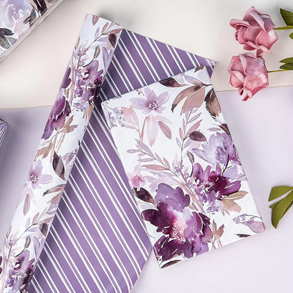 WRAPAHOLIC 30 Inch Jumbo Reversible Floral Wrapping Paper - 30 Inch x 100 Feet Purple Floral Design for Wedding, Birthday, Mothers Day, Baby Shower, Anniversary