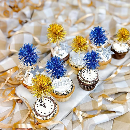Gyufise 30Pcs Foil Firework Cupcake Toppers Sparkle Tinsel Cake Toppers Tinsel Drink Cake Decoration Cocktail Picks for Birthday Wedding Graduation Party Supplies Gold Dark Blue