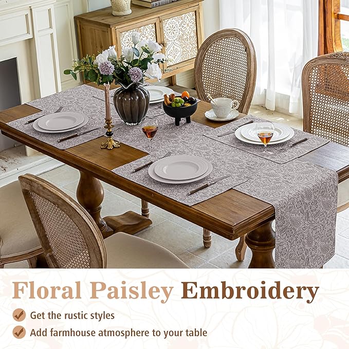 HEAVYWOOD Boho Placemats Set of 6 Cloth Floral Place Mats Paisley Botanical Table Mats for Kitchen Dinning Farmhouse Rustic Washable Tablemats 14x18 Inch (Greyish, 6)