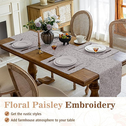 HEAVYWOOD Boho Placemats Set of 4 Cloth Floral Place Mats Paisley Botanical Table Mats for Kitchen Dinning Farmhouse Rustic Washable Tablemats 14x18 Inch (Greyish, 4)