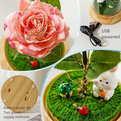 Pink Roses from Daughter for Mom Mothers Day, Beauty and The Beast Rose, with LED Light Up Rose in Dome, for Wife Grandma Christmas Day Valentine Day Birthday for Her Gift (1 Pink Rabbit)