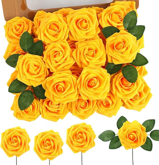 MACTING Artificial Yellow Rose Flowers 60PCS Real Touch Foam Roses with Stem Fake Flowers for DIY Wedding Bouquets Table Centerpieces Party Holiday Home Spring Valentines Day Decorations