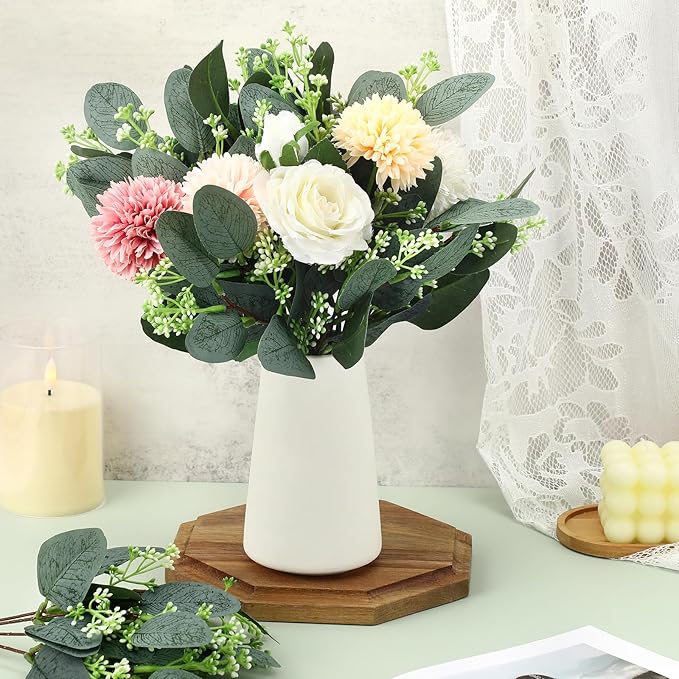 Janinka 90 Pcs Mixed Eucalyptus Leaves Stems Bulk Artificial Eucalyptus Leaves with White Seeds Artificial Silver Dollar Sprays Faux Oval for Floral Wreath Bouquets Wedding Greenery Decoration