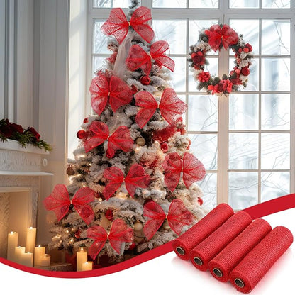 Chuangdi 4 Rolls Poly Burlap Mesh Poly Burlap Deco Ribbon Mesh Roll for Christmas Spring Summer Easter 4th of July DIY Flower Wreath Garland, 10 Inch(Red)