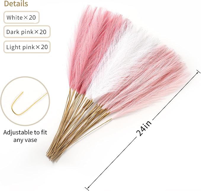 60pcs Faux Pampas Grass - 24 Inch Pink Pampas Grass Home Decor, Artificial Colored Pompas Grass for Room Decor, Wedding Centerpieces and Baby Shower Decorations (Blush & White & Pink)