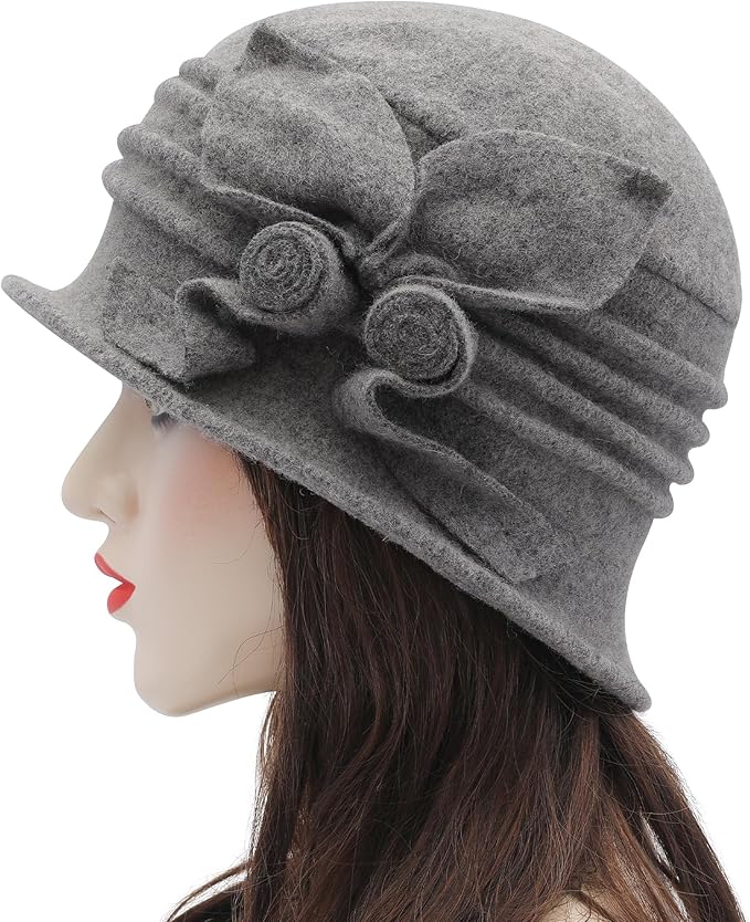 ZLYC Women Wool Cloche Bucket Hat 1920s Vintage Dress Winter Hats with Flower Accent
