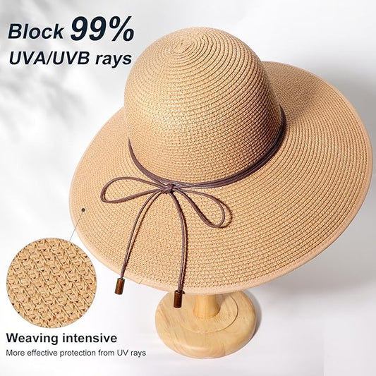 DRESHOW Beach Hats for Women Big Straw Wide Brim Summer Hat Floppy Foldable Roll up Cap Sun Hat UPF 50+