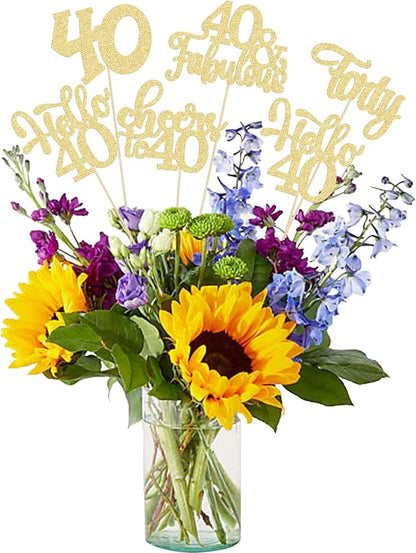 Gyufise 15Pcs 40th Birthday Centerpiece Sticks Forty Happy 40th Table Flower Centerpieces Sticks Cheers to 40 Floral Decorations for 40th Birthday Party Centerpieces Supplies Gold