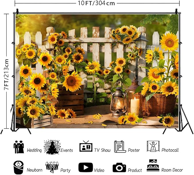 Rustic Sunflowers Backdrop Rustic Wooden Fence Sunflower Floral Photography Background for for Girls Woman Garden Party Banner Decoraitons Portrait Photo Booth Studio Props 10x7ft FU042DX