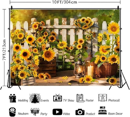 Rustic Sunflowers Backdrop Rustic Wooden Fence Sunflower Floral Photography Background for for Girls Woman Garden Party Banner Decoraitons Portrait Photo Booth Studio Props 10x7ft FU042DX