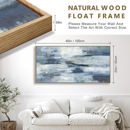 Indigo Framed Wall Art Abstract Ocean Canvas Pictures Blue White Grey Painting Vintage Wall Decor Modern Artwork Prints for Living Room Bedroom Bathroom Office Home Decoration 20"x 40"