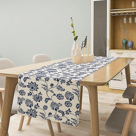 Boho Floral Table Runner, Navy Blue Paisley Flower Traditional Porcelain Vintage Decor Table Runner for Kitchen Dining Party, 13x36 Inch