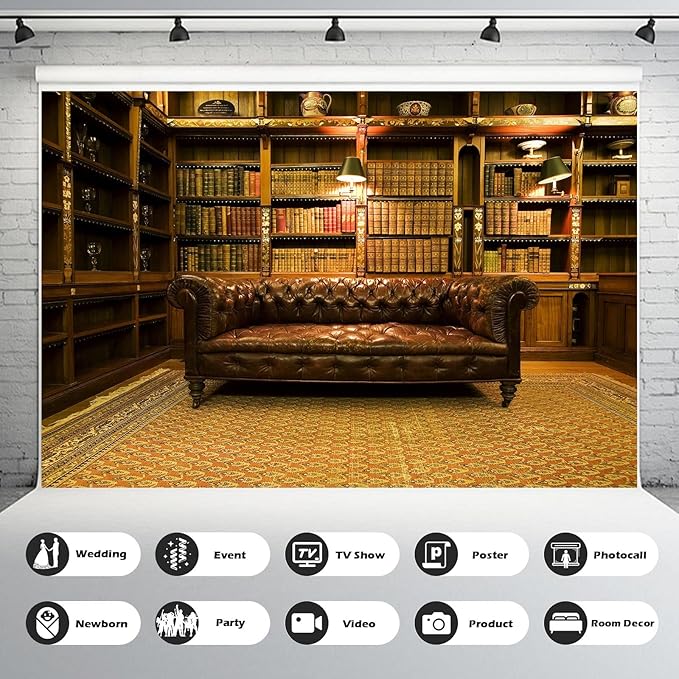 Library Backdrop Vintage Luxury Old School Library Bookshelf Collection Photography Background Business Room with Leather Sofa Book Shelf Wallpaper Decorations for Adult Photos Prop 20x10ft