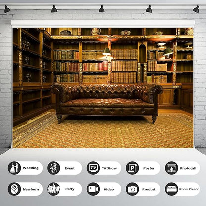 Library Backdrop Vintage Luxury Old School Library Bookshelf Collection Photography Background Business Room with Leather Sofa Book Shelf Wallpaper Decorations for Adult Photos Prop 10x6.5ft