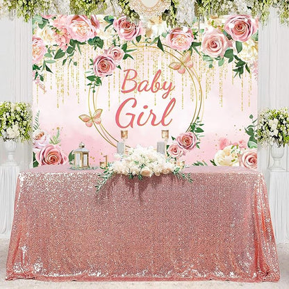 InMemory Pink Rose Baby Girl Baby Shower Backdrop Banner Decorations for Girl,Pink Gold Flower It's a Girl Banner Photography Background for Sweet Girls Baby Shower Party Decor Photoshoot Props 10x7ft