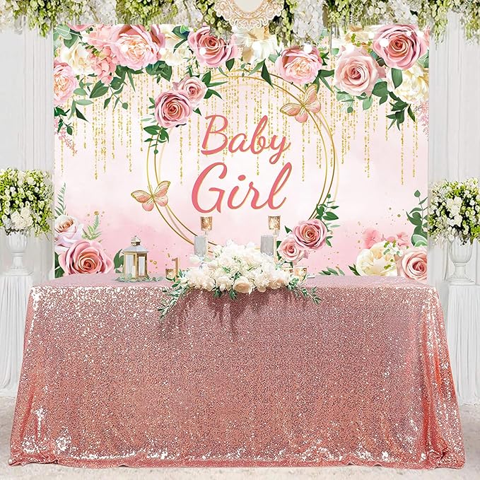 InMemory Pink Rose Baby Girl Baby Shower Backdrop Banner Decorations for Girl,Pink Gold Floral It's a Girl Banner Photography Background for Sweet Girls Baby Shower Party Decor Photo Booth Props 8x6ft