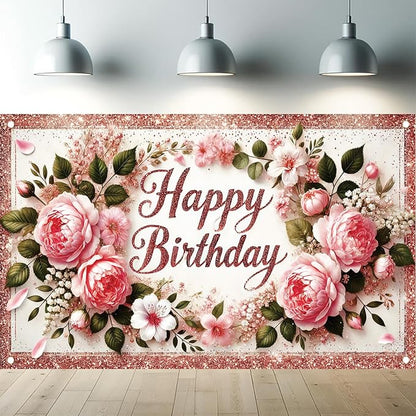 Happy Birthday Backdrop Rose Gold Glitter Peony Floral Banner Birthday Party Decorations Photography Background for Women Girls Wedding Baby Shower Decor Photo Booth Supplies 6x4ft