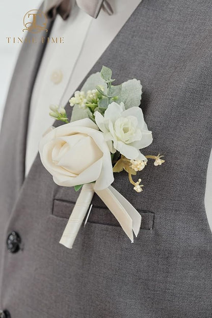 TINGE TIME Boutonniere for Men Wedding,Groom and Best Man Boutonniere for Wedding Ceremony Anniversary, Formal Dinner Party and Rustic Spring Wedding Marriage (2, Champagne)