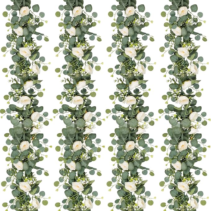 TOCHGREEN 4 Pack Artificial Eucalyptus Flower Garland with White Roses, Fake Rose Flower Greenery Garland Floral Vines for Wedding Home Party Table Runner Decor (4PCS, White)