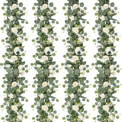TOCHGREEN 4 Pack Artificial Eucalyptus Flower Garland with White Roses, Fake Rose Flower Greenery Garland Floral Vines for Wedding Home Party Table Runner Decor (4PCS, White)