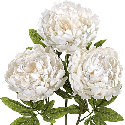 Briful 3PCS White Peony Artificial Flower Stems 29.1in Long Stem Fake Peonies Silk Floral Arrangement Real Touch Peony Flower for Christmas Home Vase Party Wedding Bouquet Decor