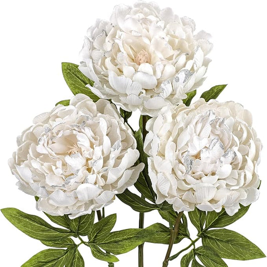 Briful 3PCS White Peony Artificial Flower Stems 29.1in Long Stem Fake Peonies Silk Floral Arrangement Real Touch Peony Flower for Christmas Home Vase Party Wedding Bouquet Decor