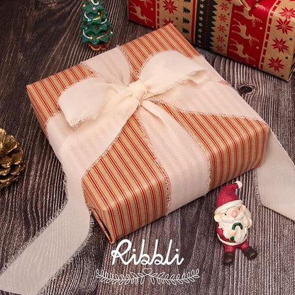 Ribbli Champagne Chiffon Ribbon 1-1/2 inch x 20 Yard Handmade Fringe Chiffon, Nude Silk Ribbon for Wedding Invitations, Bridal Bouquets Wrapping, Flower Arrangement Decoration