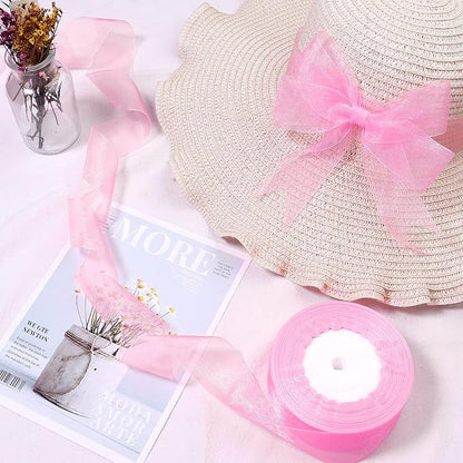 1.5 inch Sheer Organza Ribbon Pink Chiffon Ribbon for Gift Wrapping Christmas Halloween Decoration Wedding Bouquet Crafts 50 Yards